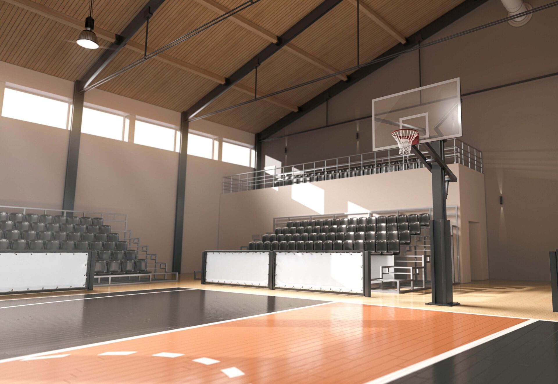 Basketball,Court,With,Hoop,And,Tribune,Mockup,,Side,View,,Depth